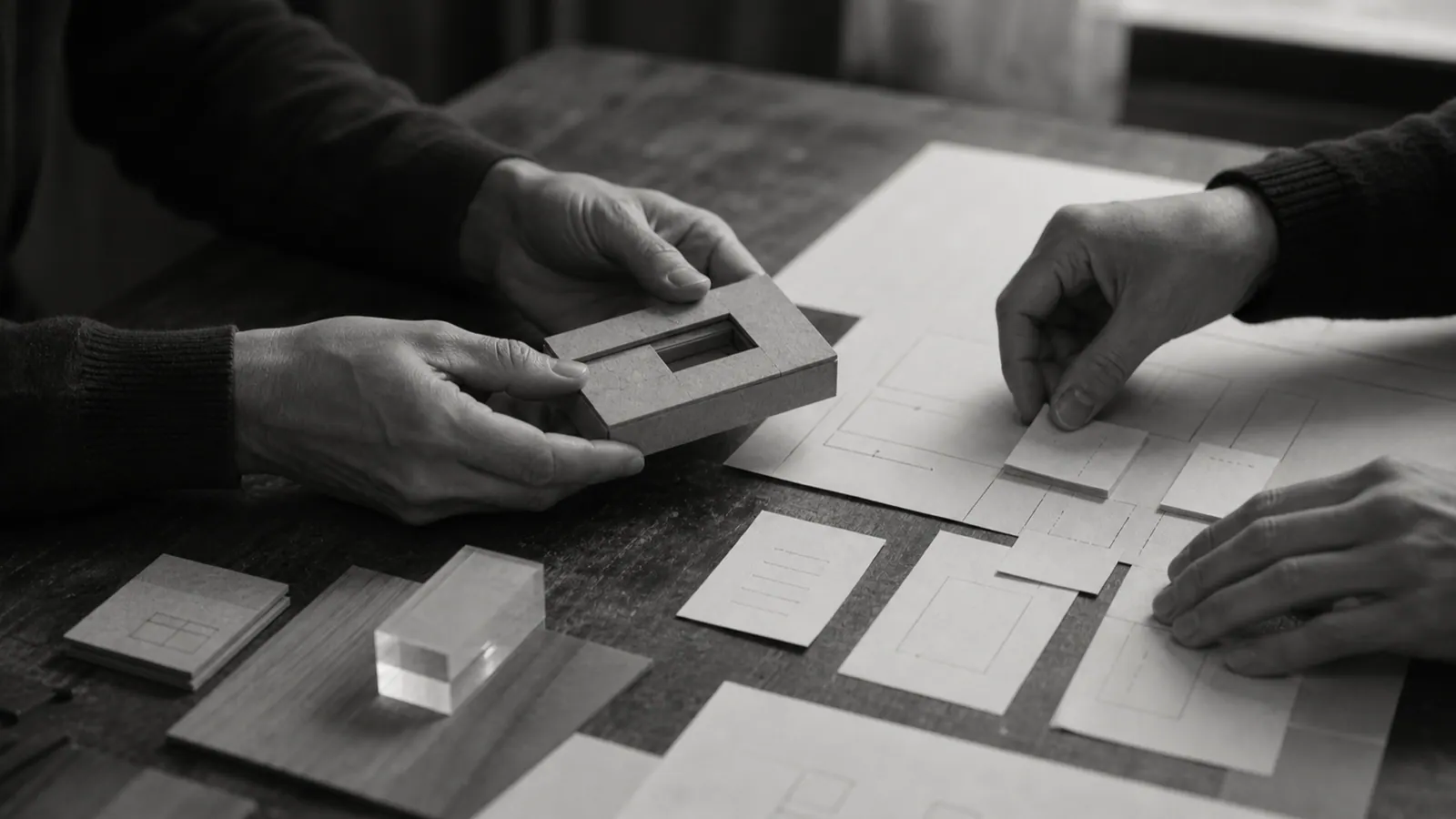 Two collaborators testing a physical product model and paper system