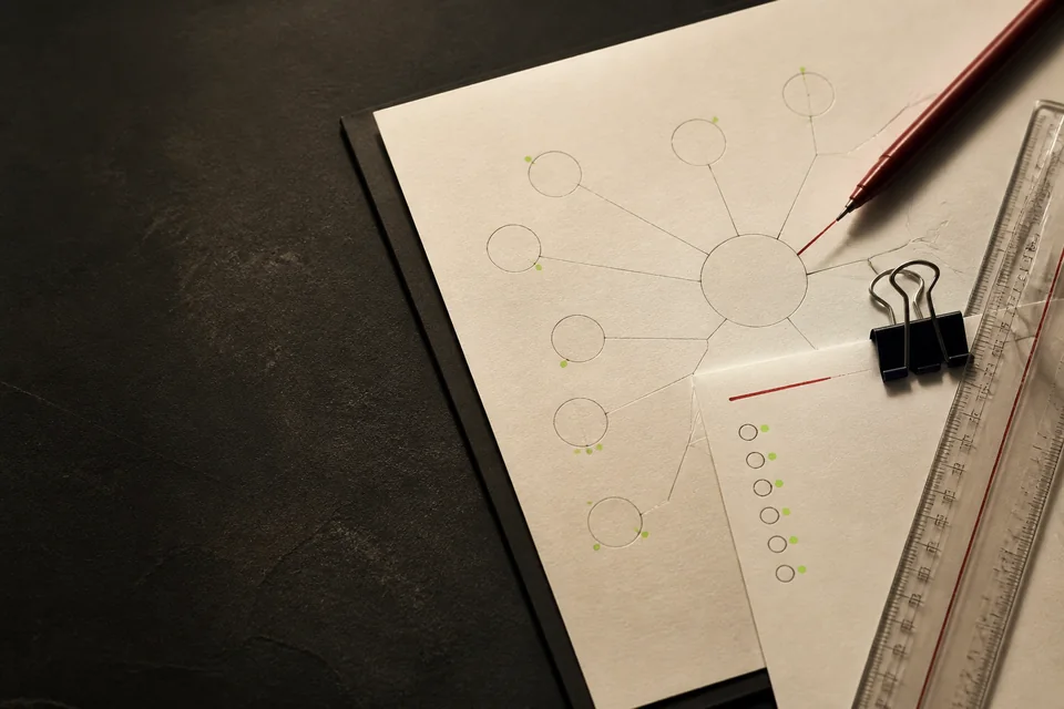 A tactile account research workspace with paper mapping, verification marks, a binder clip, and a clear ruler